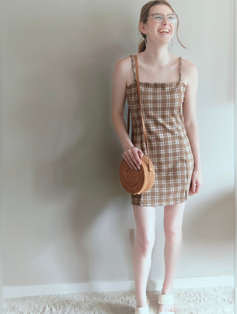 Streetwear Society Plaid Preppy Mini Dress Brown Knit Ruched Straps Size L EUC